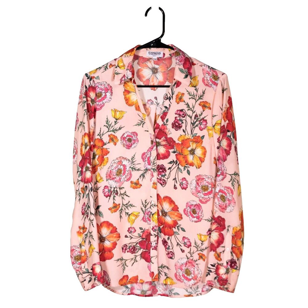 Express Women's Shirt Button Up Multicolor Floral Slim Fit V-Neck Blouse Top S